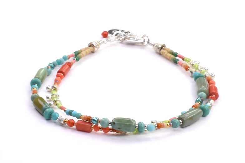 Sterling Silver Bracelet with Turquoise, Coral and Czech Glass Beads