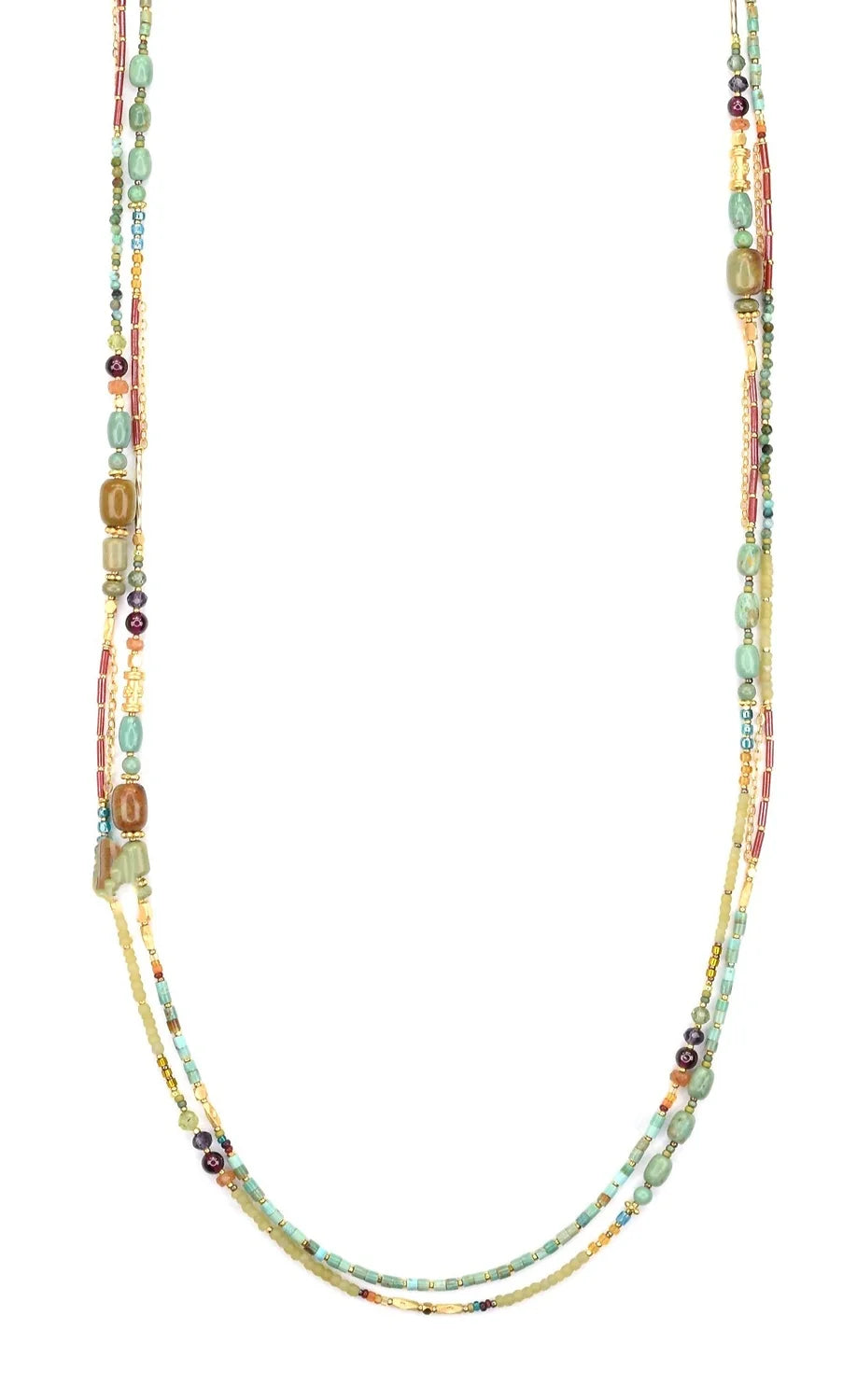 58" Gold Fill Necklace with Turquoise, Serpentine, Iolite, Garnet, & Amethyst