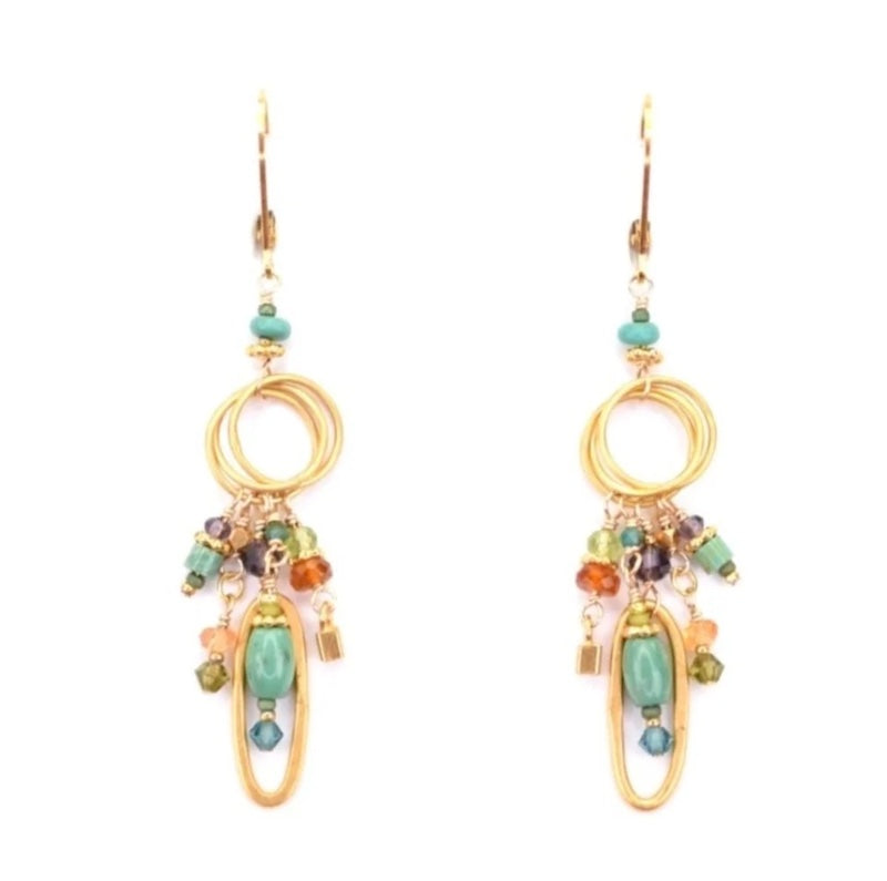 Pendientes rellenos de oro con turquesa, amatista, granate y peridoto