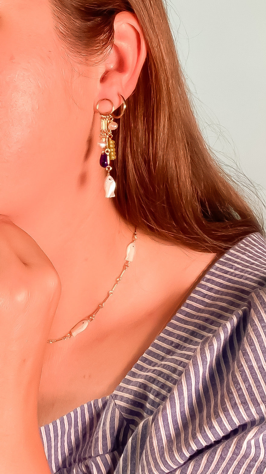 Charm Earrings with Mother of Pearl Fish, Vintage Glass, and Pearls