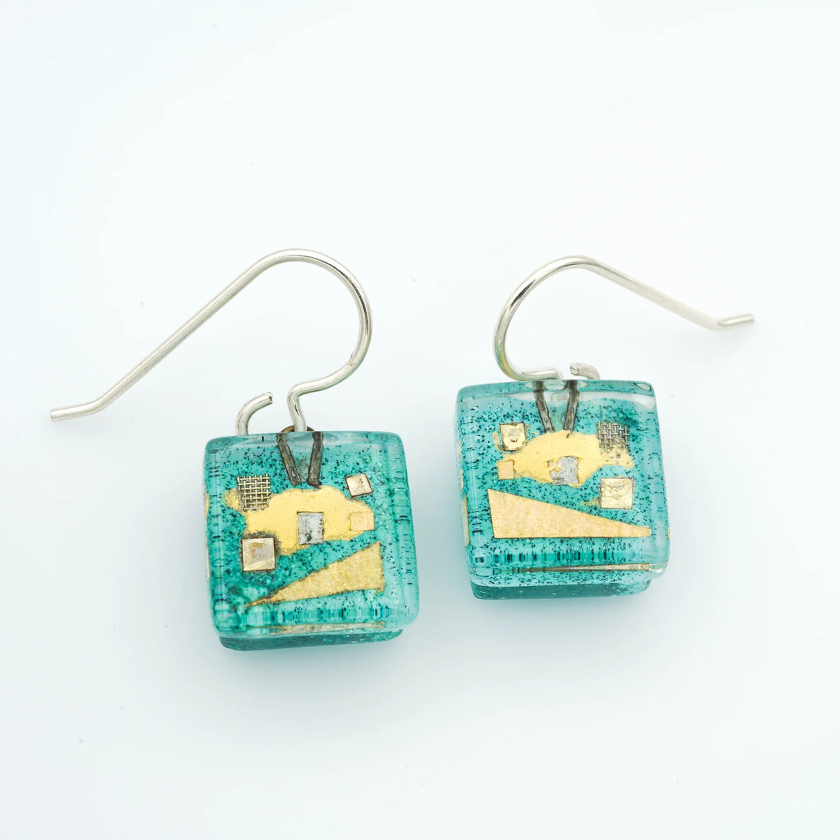Golden Phase Cube Earrings in Aqua