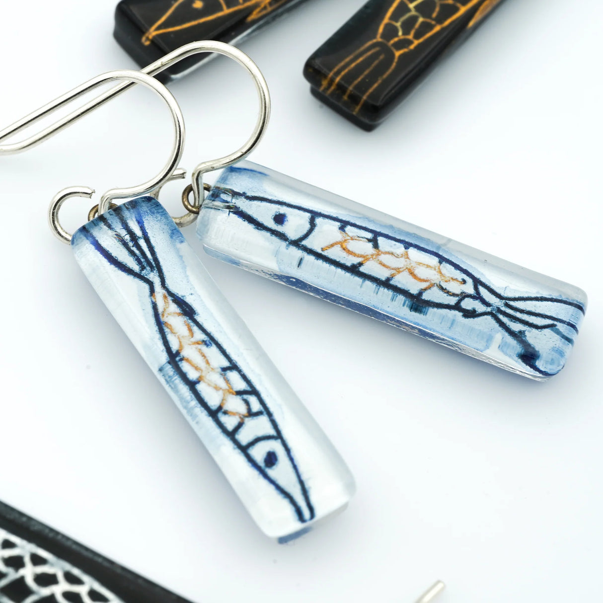 Pisces Medium Bar Earrings in White and Blue from Momo Glassworks at Pinch in Northampton, MA