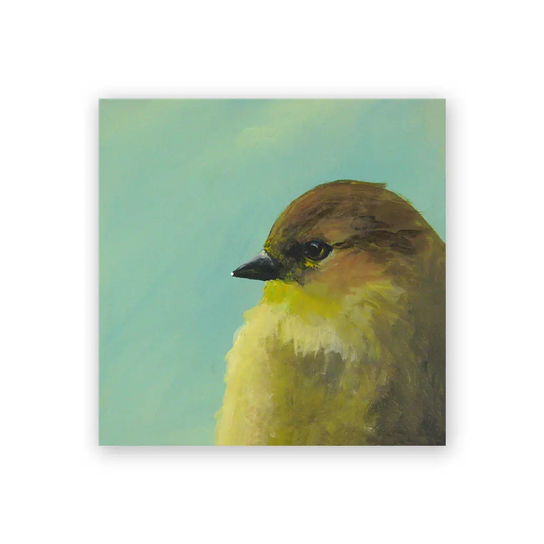 Fictional Yellow Bird 4x4 Wooden Panel from The Mincing Mockingbird at Pinch in Northampton, MA