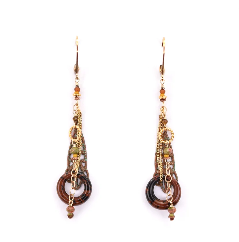 Gold Fill Earrings with Mohagany, Obsidian, Unakite, and Citrine from Chipita at Pinch in Northampton, MA