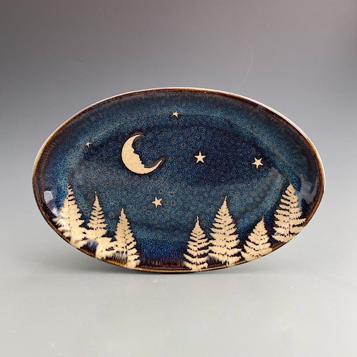 Medium Oval Plate with Moon & Stars from Kaleidoscope Pottery at Pinch in Northampton, MA