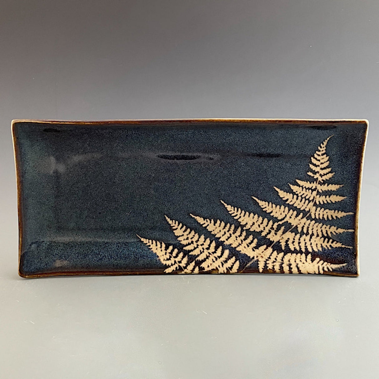Medium Rectangle Platter in Dark Blue with Fern from Kaleidoscope Pottery at Pinch in Northampton, MA