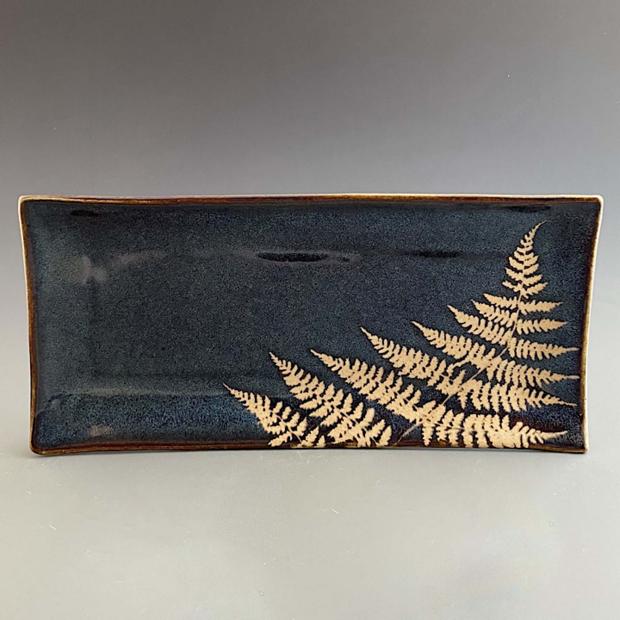 Medium Rectangle Platter in Dark Blue with Fern from Kaleidoscope Pottery at Pinch in Northampton, MA