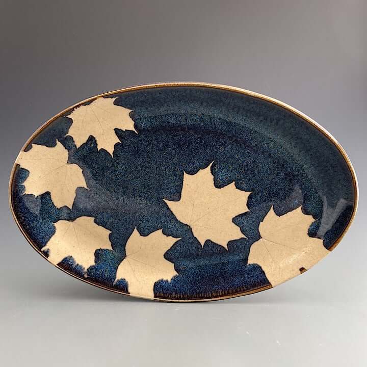 Large Oval Plate in Dark Blue Glaze with Maple at PINCH