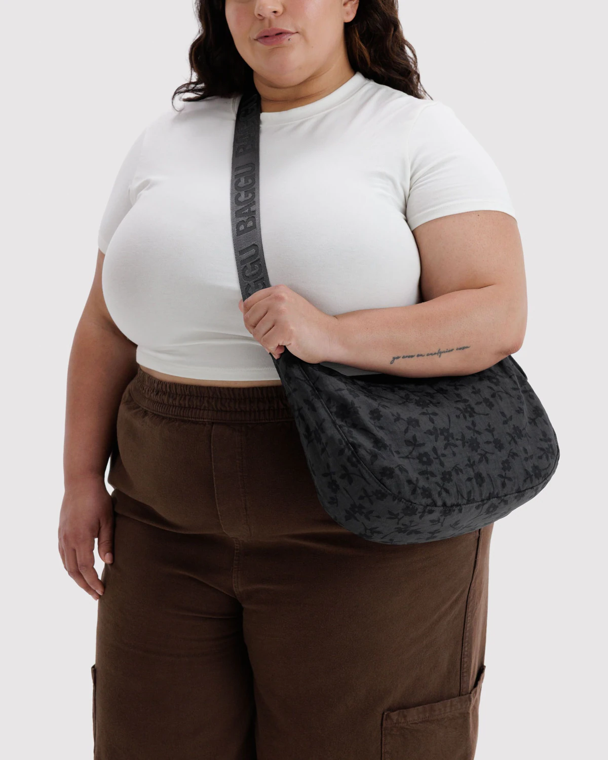 Medium Nylon Crescent Bag in Charcoal Ditsy Floral