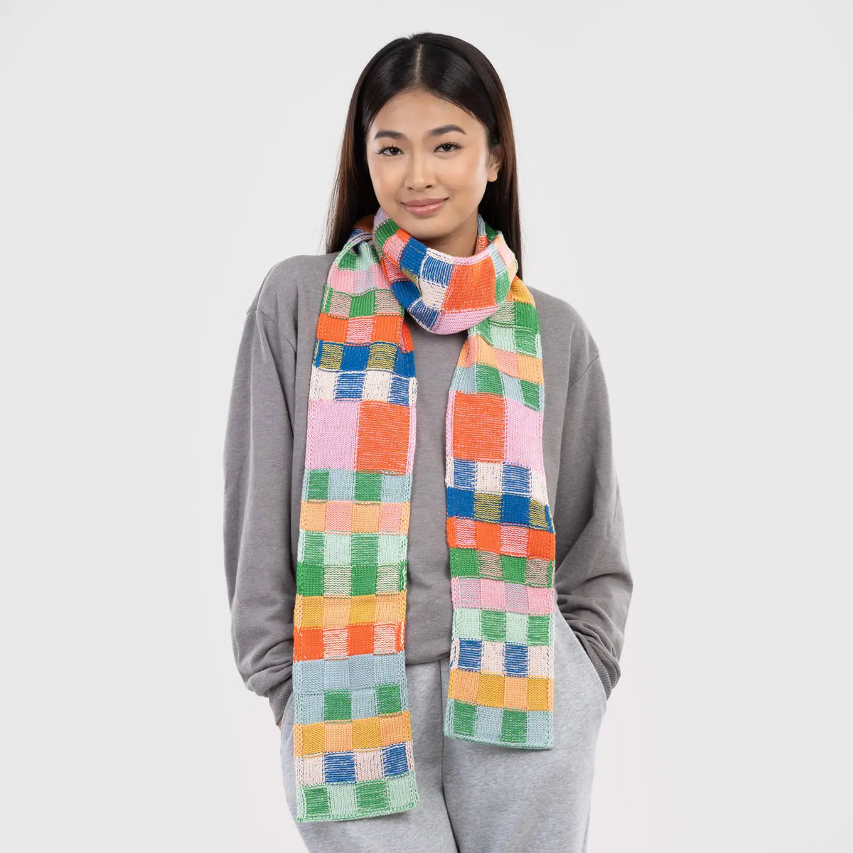 Mosaic Plaid Skinny Scarf in Candy