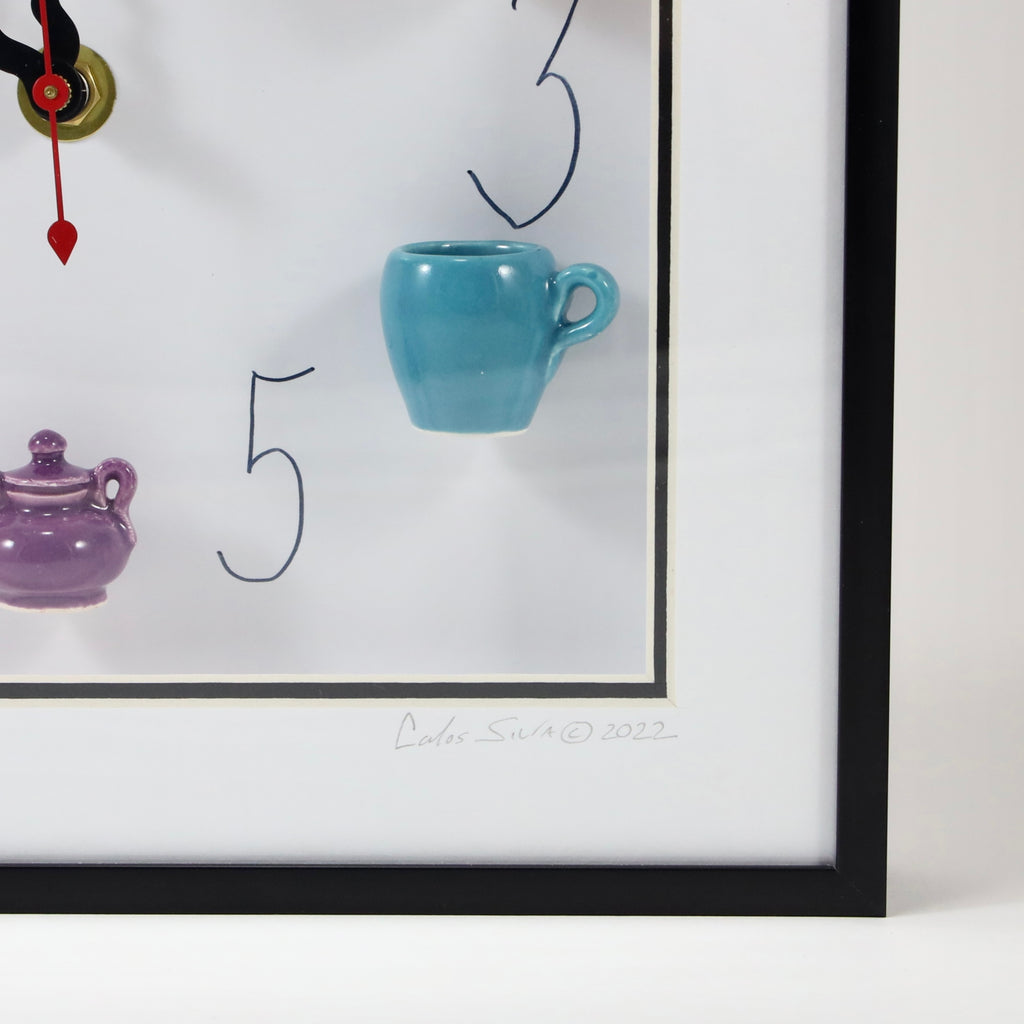 10x10 Clock, with Red Teapot, Wavy Hands, & Black Frame by Carlos Silva/Centuries Clayworks - Carlos Silva - Clock - PINCH pottery and gift shop
