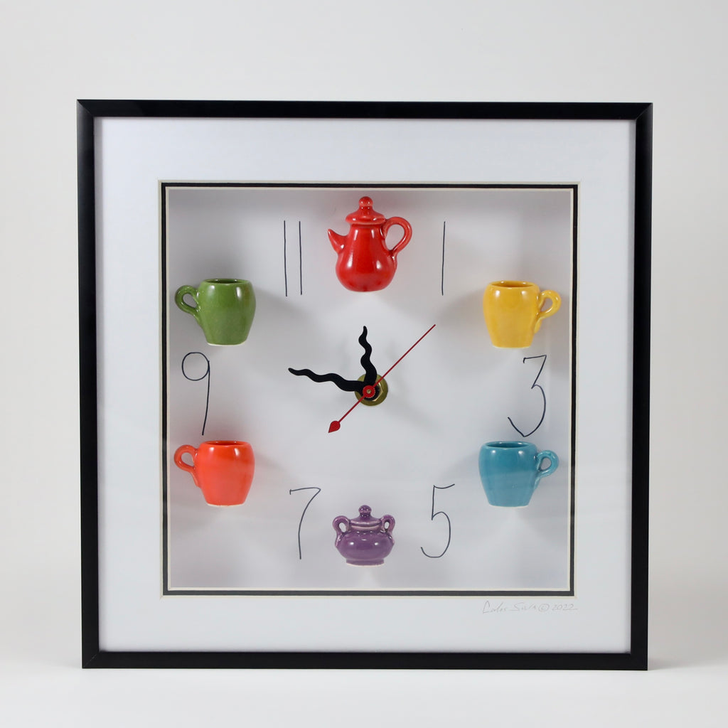 10x10 Clock, with Red Teapot, Wavy Hands, & Black Frame by Carlos Silva/Centuries Clayworks - Carlos Silva - Clock - PINCH pottery and gift shop