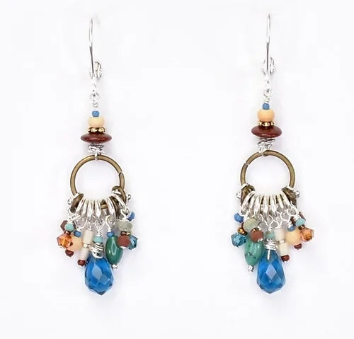 Brass, Turquoise, Swarovski Crystal Silver Earrings
