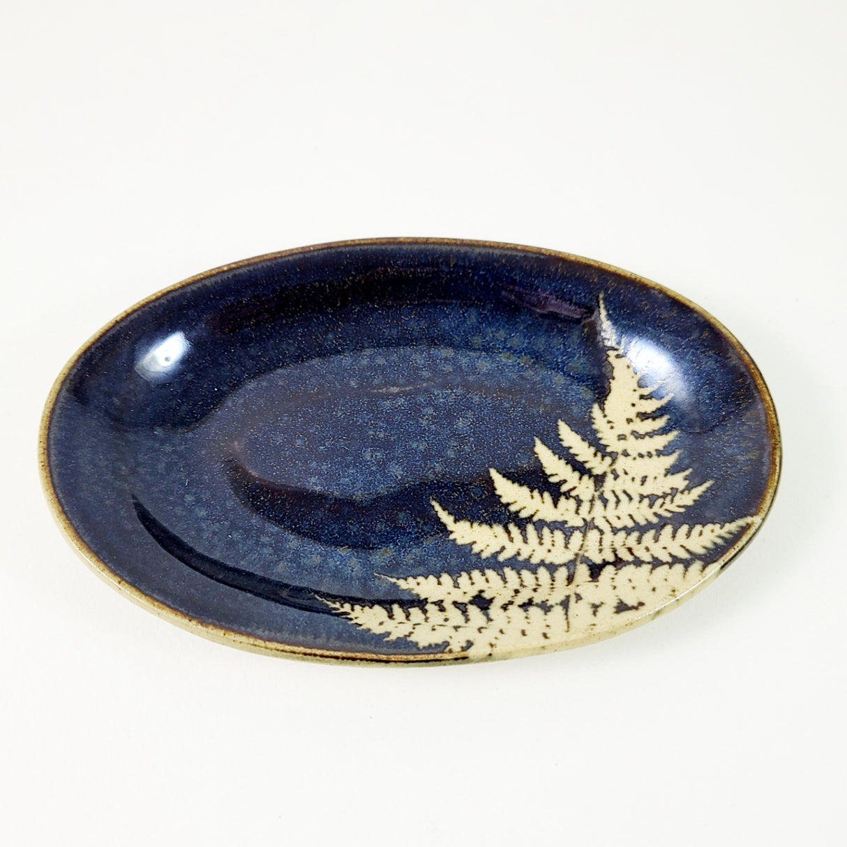 Fern Blue Small Oval Plate from Kaleidoscope Pottery at Pinch in Northampton, MA
