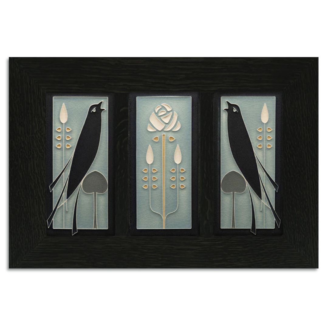 4x8 Songbirds Framed Tile Set in Grey Blue from Motawi Tileworks at Pinch in Northampton, MA