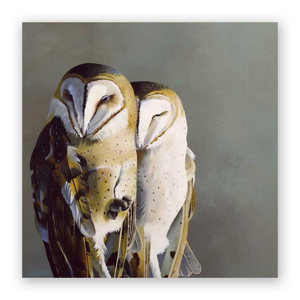 Barn Owl Pair 10x10 Wooden Panel from The Mincing Mockingbird at Pinch in Northampton, MA