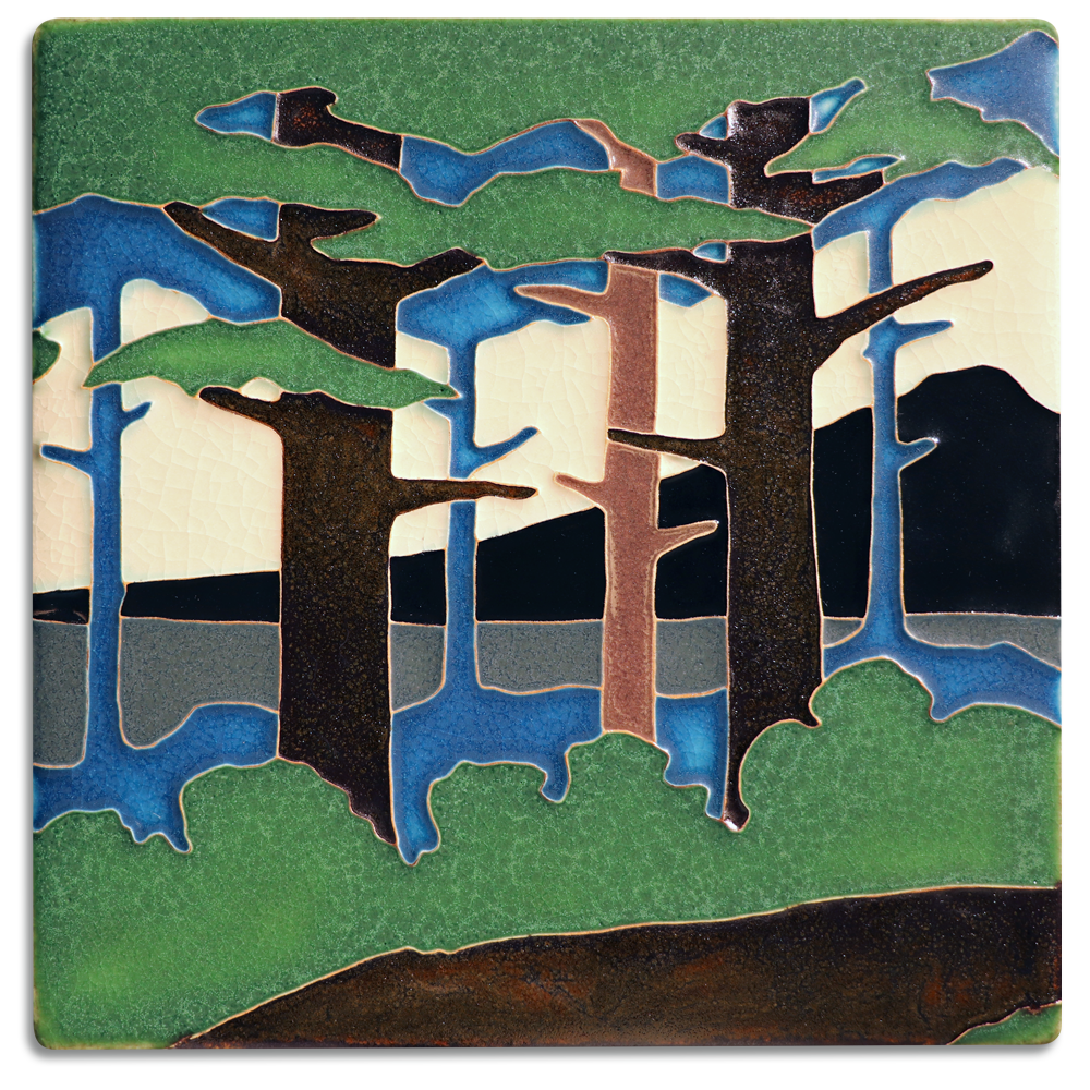 6x6 Pine Landscape Moutain Tile in Summer from Motawi Tileworks at Pinch in Northampton, MA
