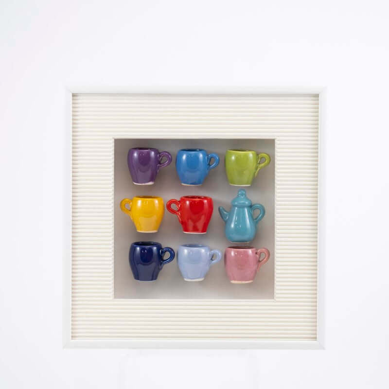 8x8 Shadowbox with Blue Teapot, Multicolor Mugs at PINCH
