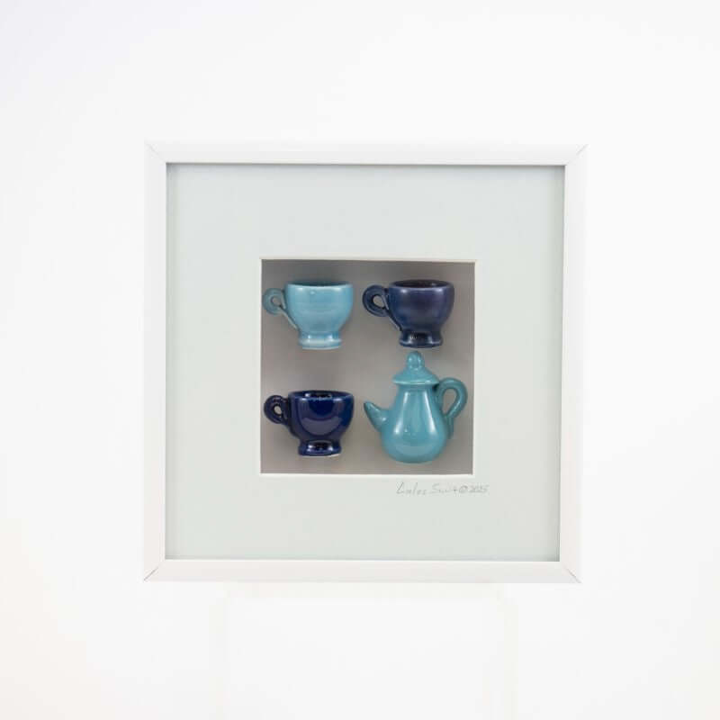 6x6 Shadowbox with Four Blue Mugs