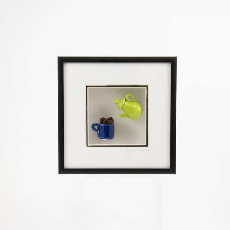 6x6 Shadowbox with Green Teapot & Coffeebeans