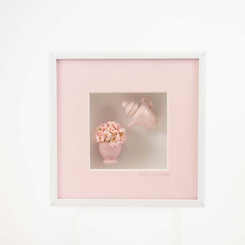 6x6 Shadowbox with Pink Teapot & Flowers