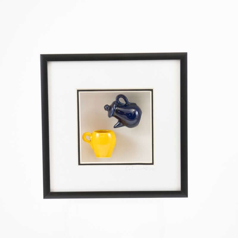 6x6 Shadowbox with Navy Vase and Yellow Mug