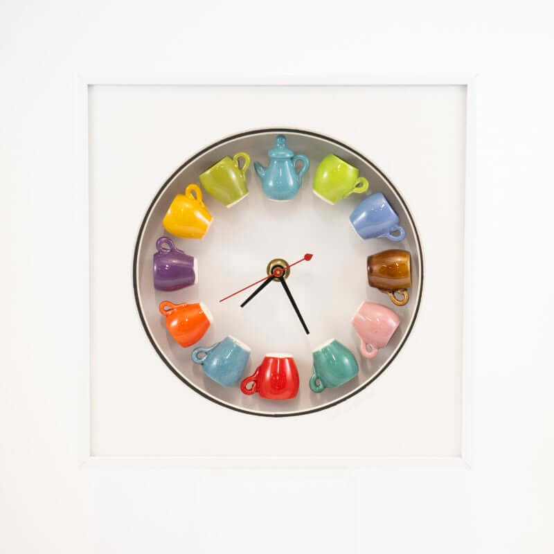 10x10 clock with Blue Teapot, Multicolor Mugs