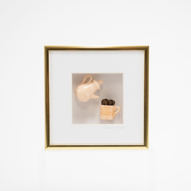 6x6 Shadowbox with a Cream Teapot, Mug, and Coffee Beans in a Gold Frame