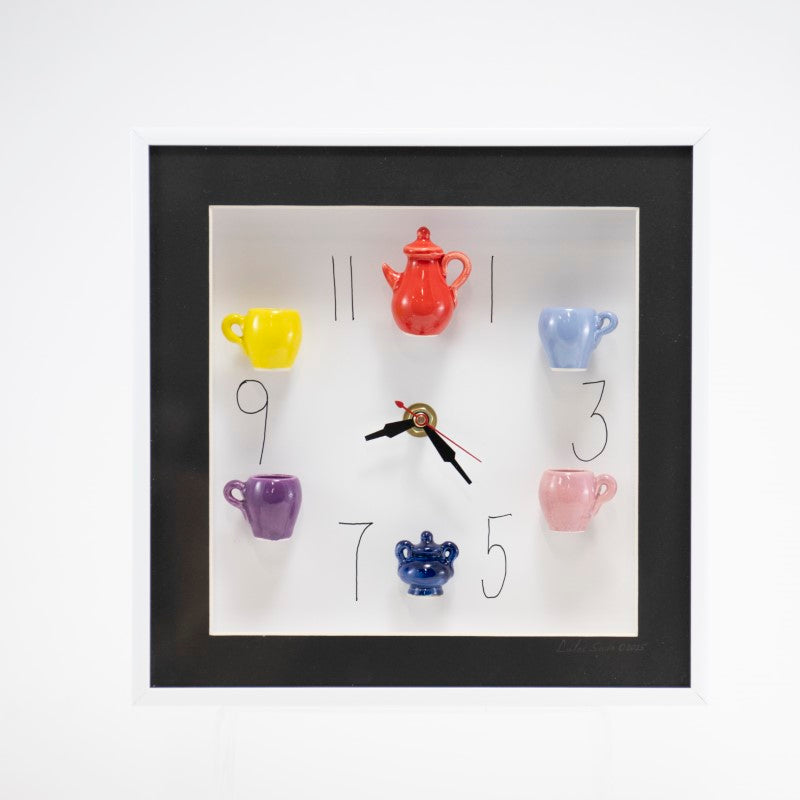 10x10 Clock with Red Teapot in a Black Matte and White Frame