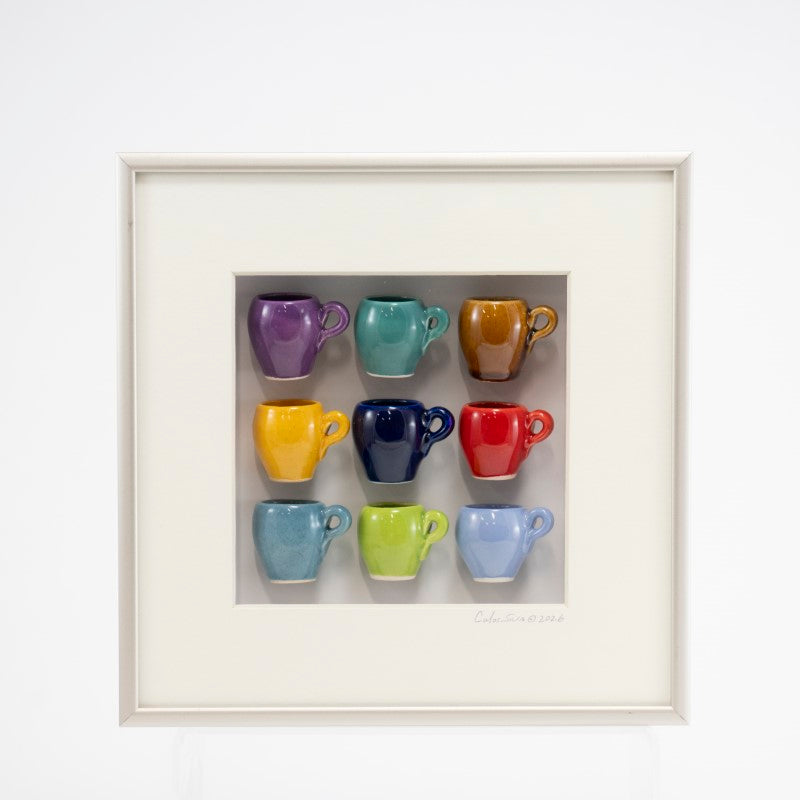 8x8 Shadowbox with Multi Colored Mugs in a Silver Frame