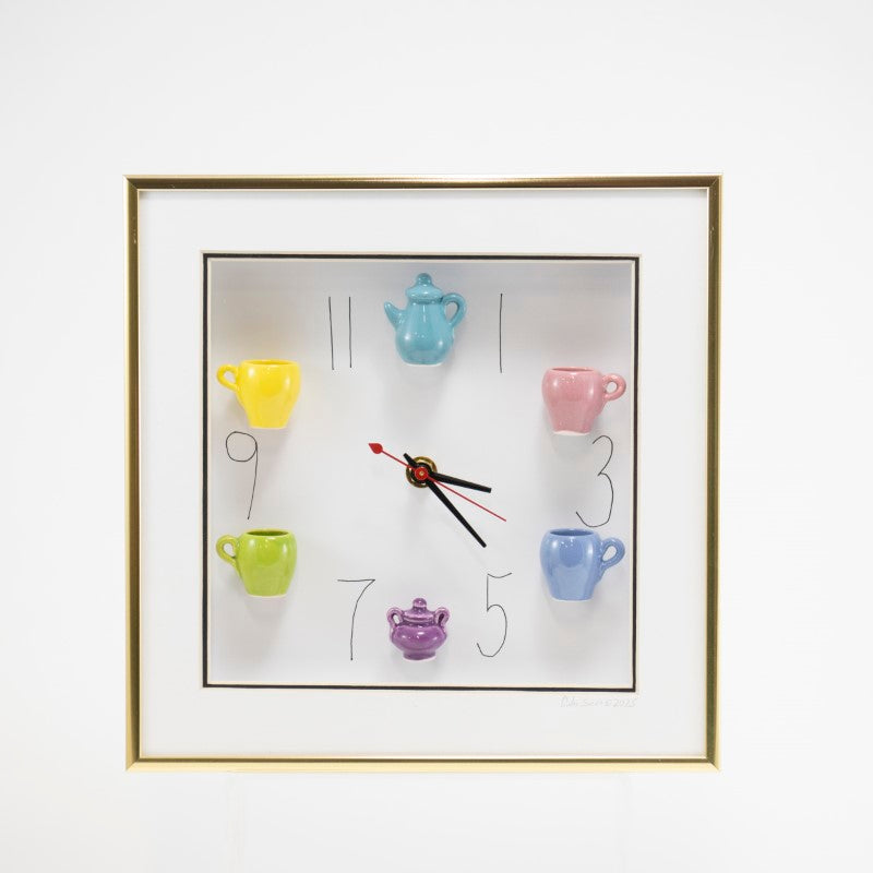 10x10 Clock With a Blue Teapot and a Purple Sugar jar in a Gold Frame