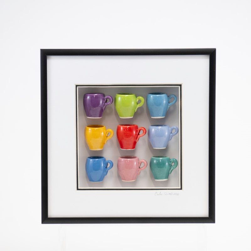 8x8 Shadowbox with Multi Colored Mugs in a Black Frame