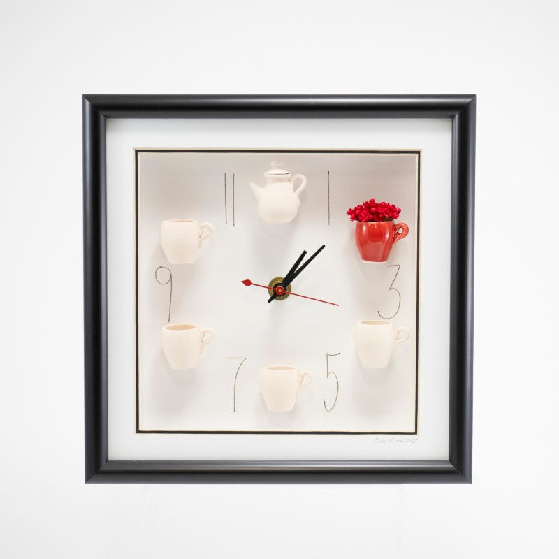 10x10 Clock with a Red Mug and Red Flowers in a Black Frame