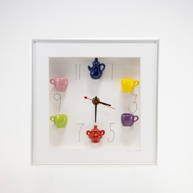 10x10 Clock with a Navy Teapot in a Silver Frame
