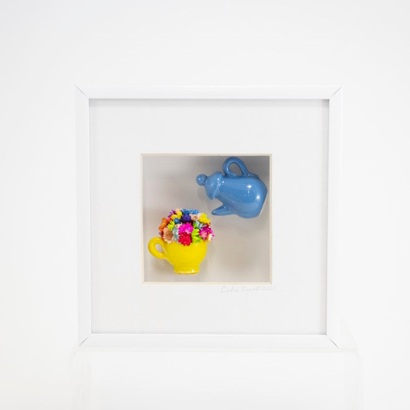 6x6 Shadowbox with a Blue Teapot, Yellow Mug, and Colorful Flowers in a White Frame