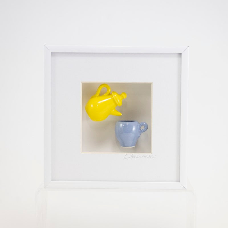 6x6 Shadowbox with a Yellow Teapot and a Periwinkle Mug in a White Frame