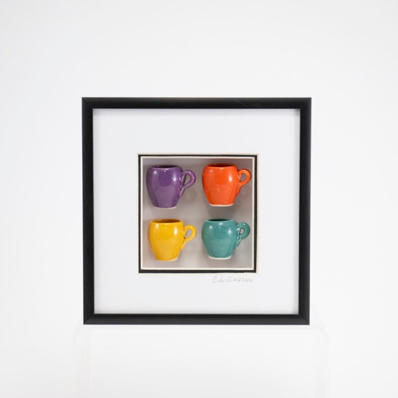6x6 Shadowbox with Multi Colored Mugs in a Black Frame