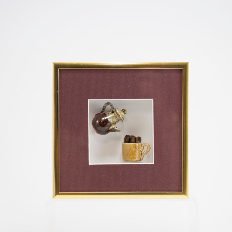 6x6 Shadowbox with a Brown Teapot, Mug, and Coffee Beans in a Brown Matte and Gold Frame