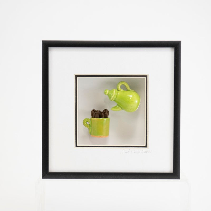 6x6 Shadowbox with a Green Teapot, Mug, and Coffee Beans in a Black Frame