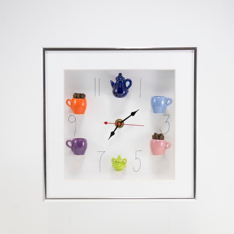 10x10 Clock with a Navy Teapot and Coffee Beans in a Silver Frame