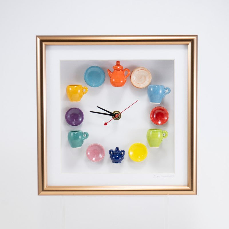 10x10 Clock with an Orange Teapot and Navy Sugar Jar in a Bronze Frame