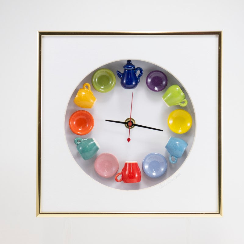 10x10 Clock with a Navy Teapot in a Rounded Matte and Gold Frame