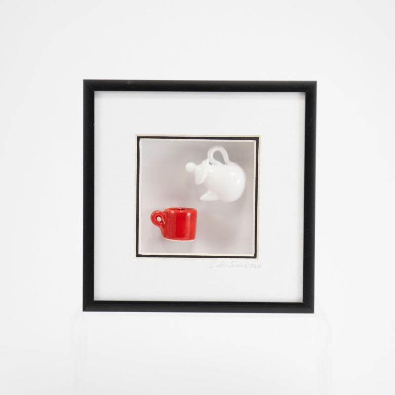 6x6 Shadowbox with a White Teapot and a Red Mug in a Black Frame