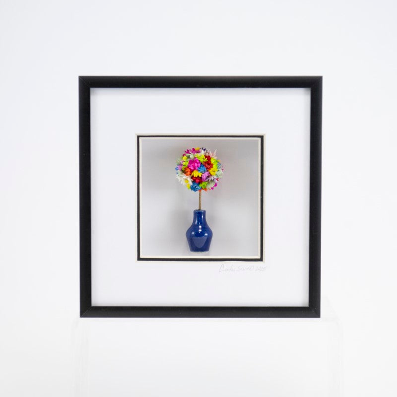 6x6 Shadowbox with Colorful Flowes and Navy Vase in a Black Frame