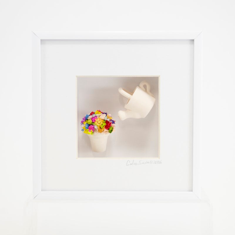 6x6 Shadowbox White Watering Can, Pot, And Colorful Flowers in a White Frame