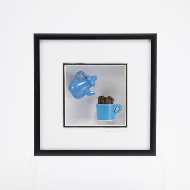 6x6 Shadowbox with a Blue Teapot and Coffee Beans in a Black Frame