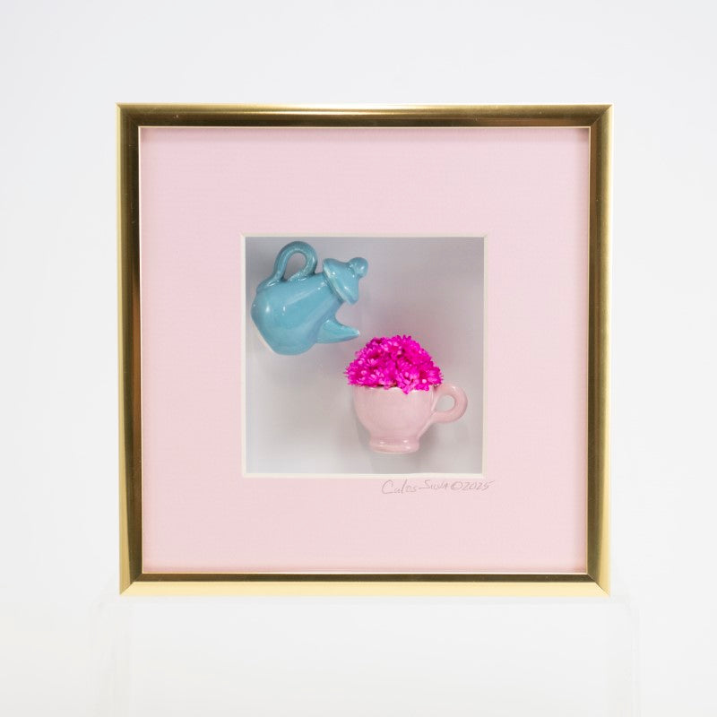 6x6 Shadowbx with a Blue Teapot and Pink Flowers in a Pink Matte and Gold Frame