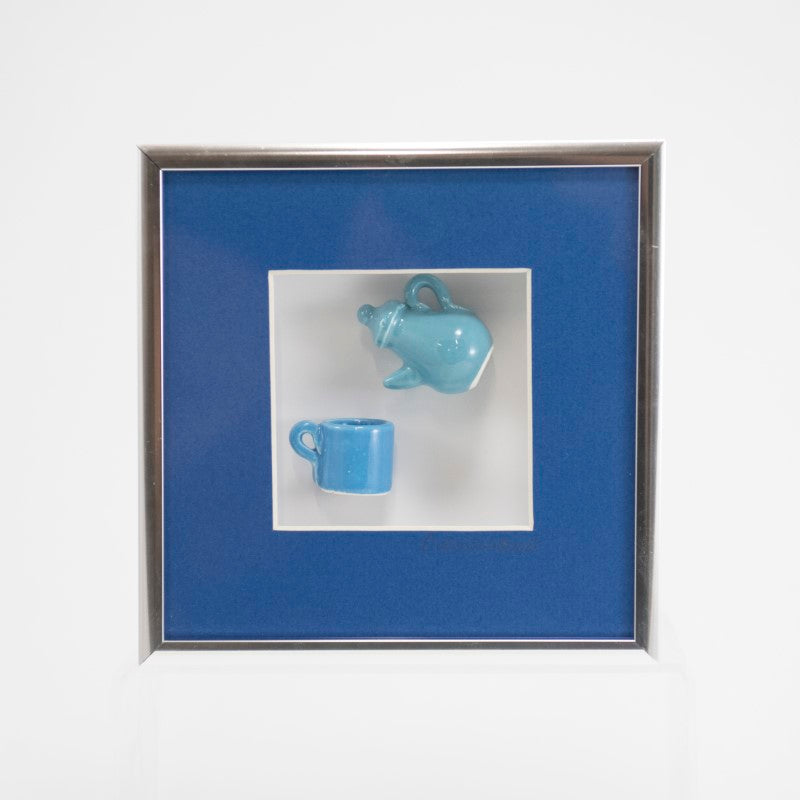 6x6 Shadowbox with a Blue Teapot and Mug in a Blue Matte and Silver Frame