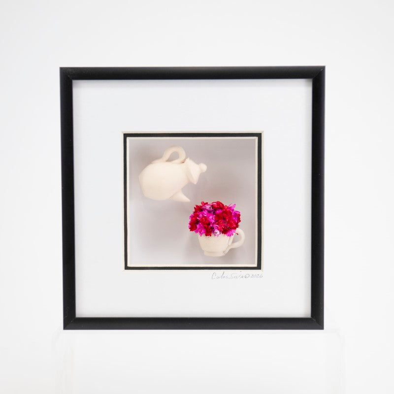 6x6 Shadowbox with a White Teapot and Pink Flowers in a Black Frame
