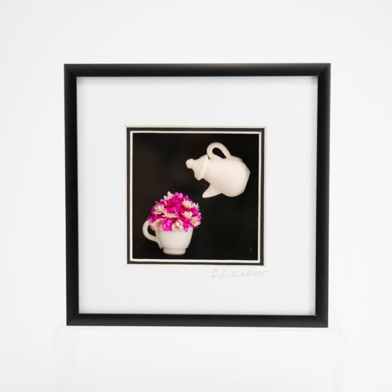 6x6 Shadowbox with a White Teapot, Mug, Pink Flowers, and a Black Background in a Black Frame